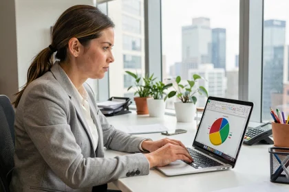 Femme professionnelle créant un graphique camembert sur Excel dans un bureau moderne