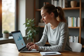Femme débutante suivant ses progrès de test PCS sur un ordinateur portable dans un bureau à domicile moderne