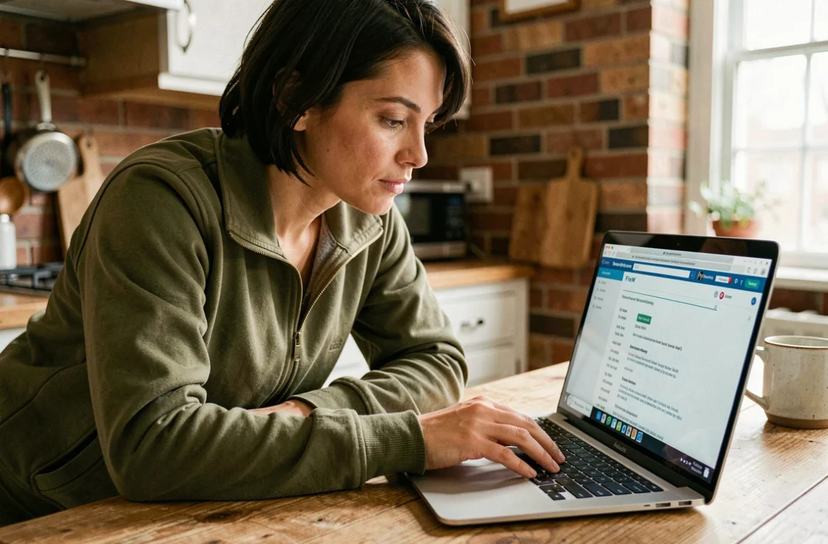 Femme consultant un forum de dépannage FiveM sur son ordinateur portable pour résoudre un problème de cache