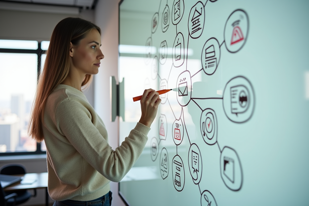Femme dessinant un réseau de sites web sur un tableau blanc