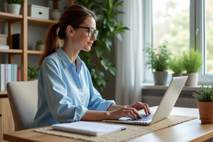 Femme dictant dans son bureau lumineux avec ordinateur portable