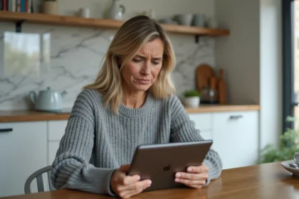 Femme frustrée tenant une tablette affichant une erreur de connexion au portail Orange dans une cuisine moderne