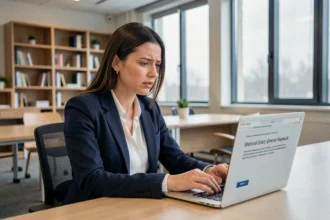 Femme consultant un message d'erreur sur le webmail académique de Normandie depuis un ordinateur portable au bureau