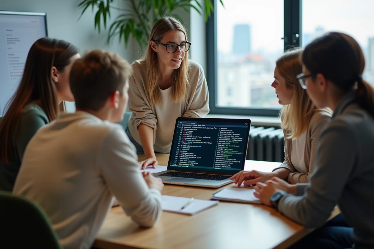 Femme expliquant un serveur FiveM à un groupe en coworking