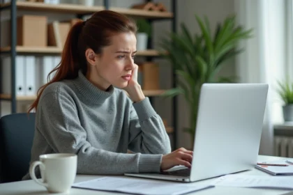 Femme frustrée devant son ordinateur découvrant des fichiers JFIF dans son explorateur de fichiers