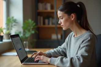 Femme utilisant un gestionnaire de mots de passe sur son ordinateur portable dans un bureau à domicile minimaliste