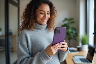 Femme tenant un iPhone 14 Pro reconditionné violet en excellent état sur un bureau moderne