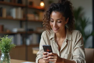 Femme tenant un iPhone avec une application musicale ouverte, illustrant les questions de droits d'auteur sur les sonneries