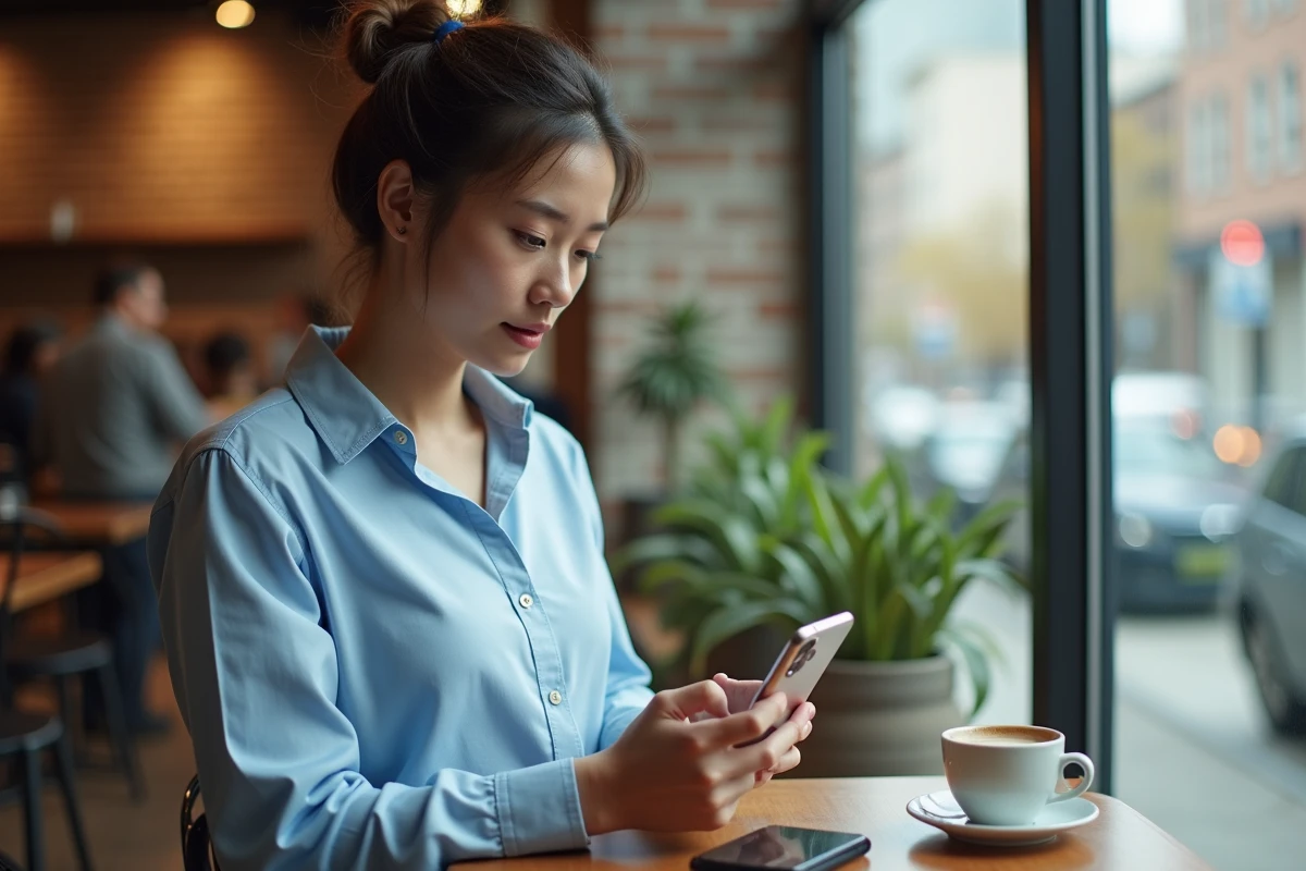 Femme découvrant l'iPhone 15 dans un café avec un ancien Android sur la table, expérience de switcher