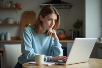 Jeune femme concentrée sur son ordinateur portable pour un problème de webmail