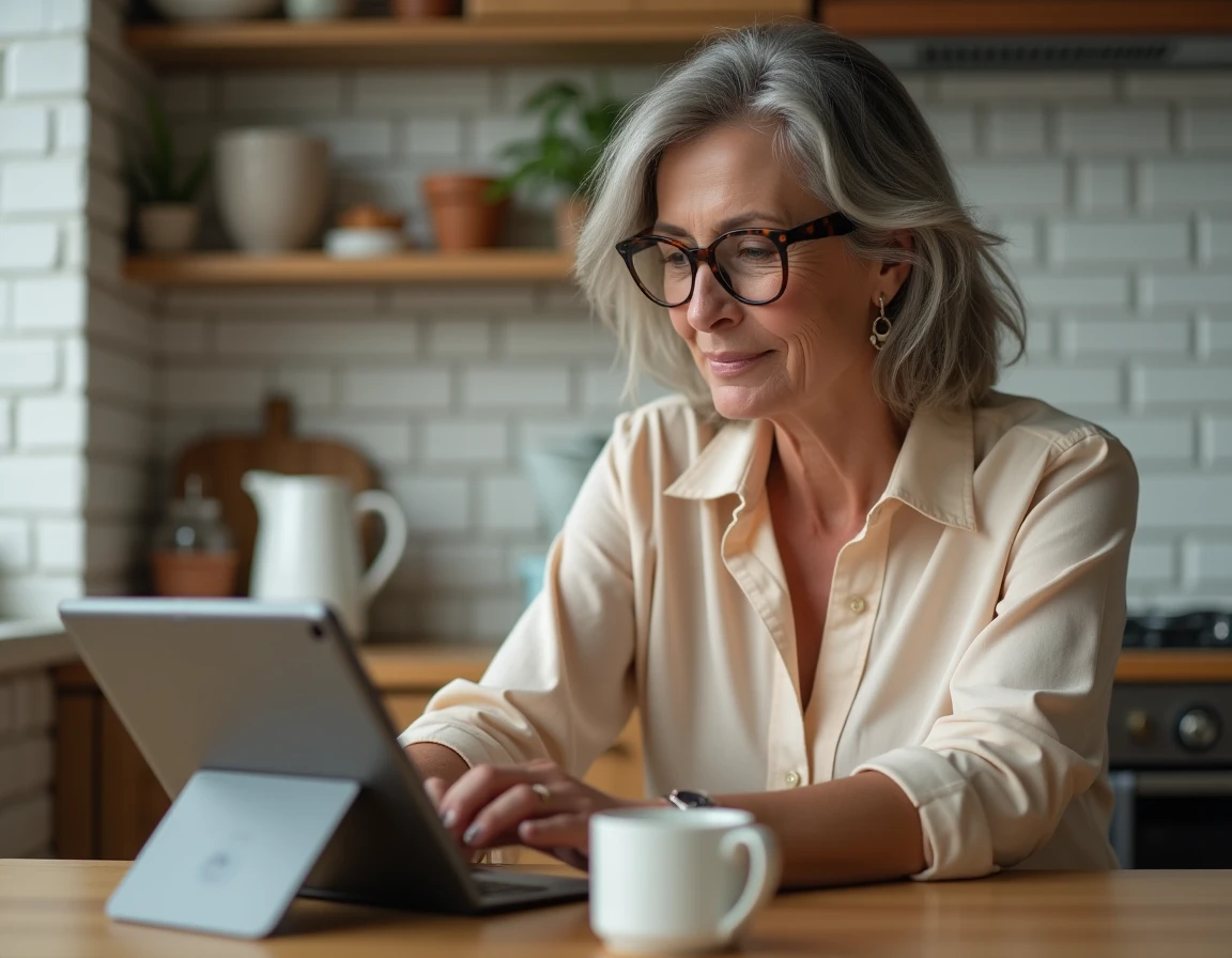 Femme avec lunettes gérant plusieurs comptes email sur tablette dans une cuisine moderne