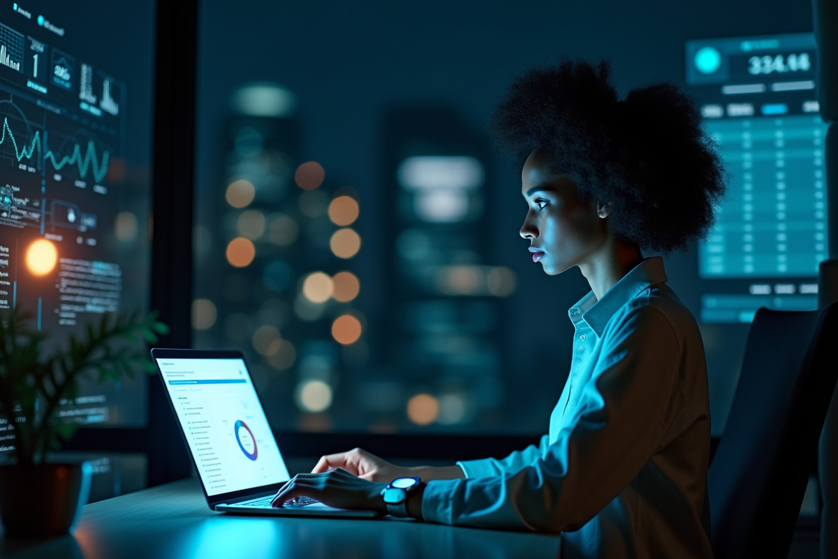 Femme confiante travaillant tard avec hologrammes AI