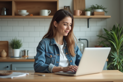 Jeune femme utilisant son ordinateur dans une cuisine moderne