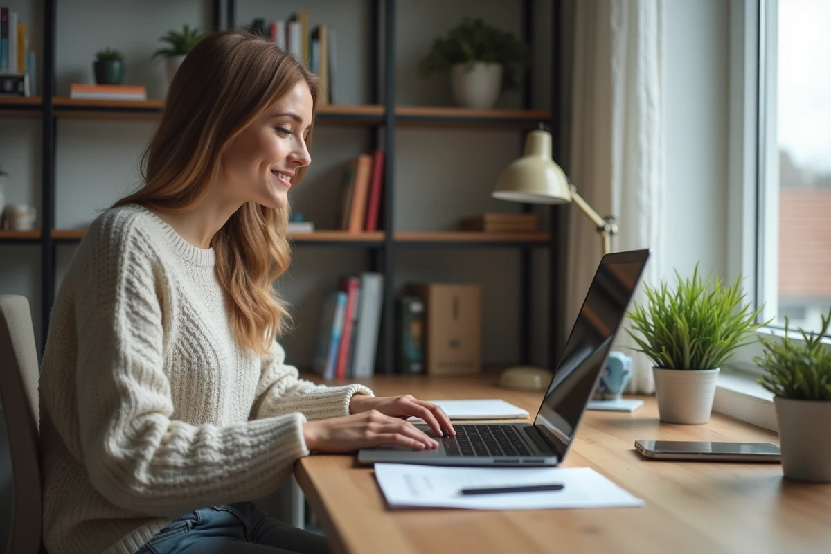 Femme concentrée utilisant un ordinateur pour étudier à la maison
