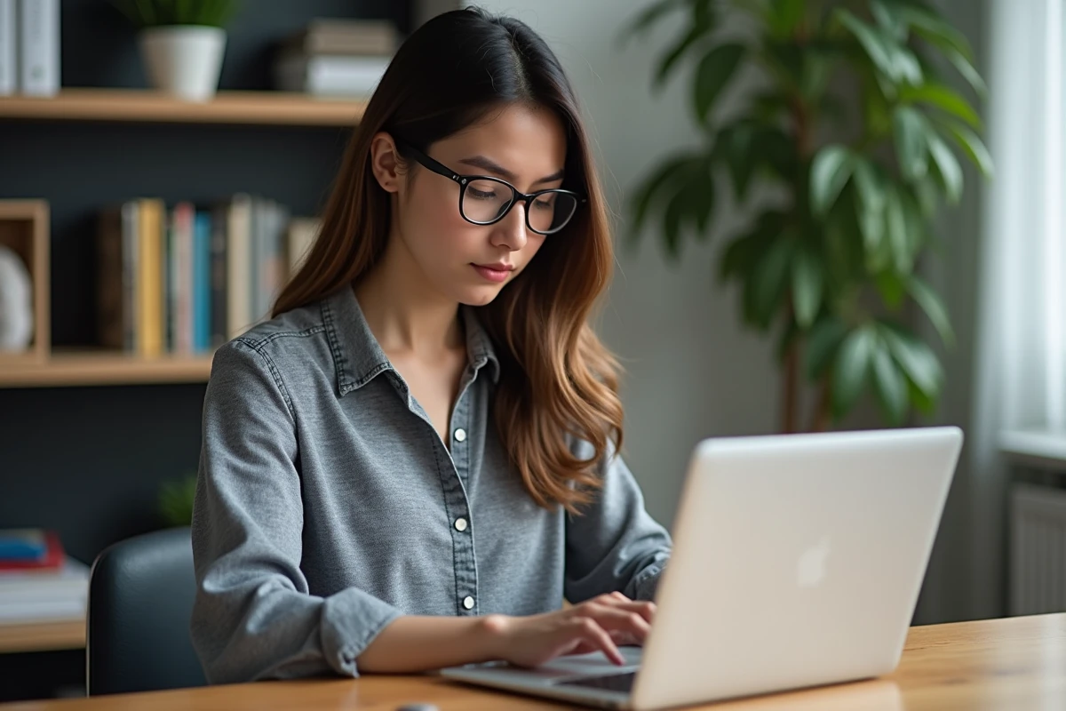 Jeune femme utilisant un gestionnaire de mots de passe dans un bureau organisé