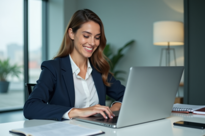 Femme professionnelle souriante au bureau moderne