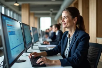 Une professionnelle utilisant une interface de dématérialisation sur un écran tactile dans un bureau moderne