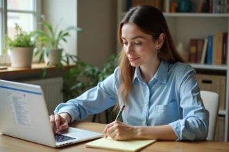 Femme cherchant un emploi aux États-Unis sur Google depuis son bureau à domicile avec un ordinateur portable ouvert