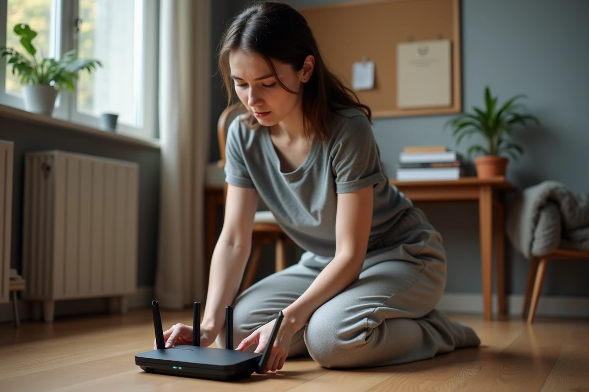Femme réinitialisant un routeur noir dans un coin bureau à la maison