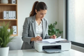 Femme utilisant un scanner d'imprimante multifonction pour numériser un document en PDF dans un bureau à domicile