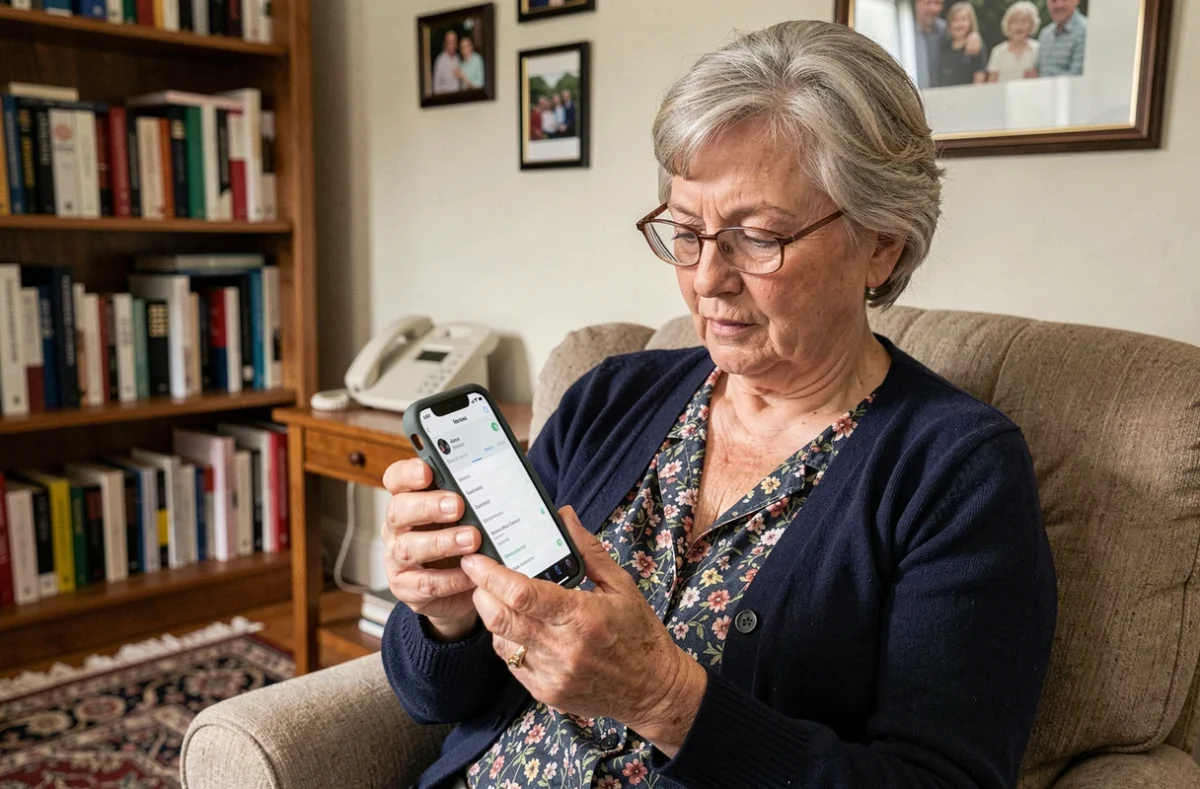 Femme senior tentant de configurer sa boîte mail Laposte.net sur un vieil iPhone depuis son salon