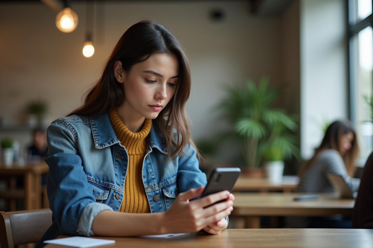 Jeune femme concentrée avec smartphone dans un café moderne