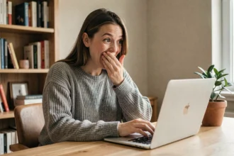 Jeune femme surprise devant son ordinateur portable découvrant un easter egg Google comme le barrel roll