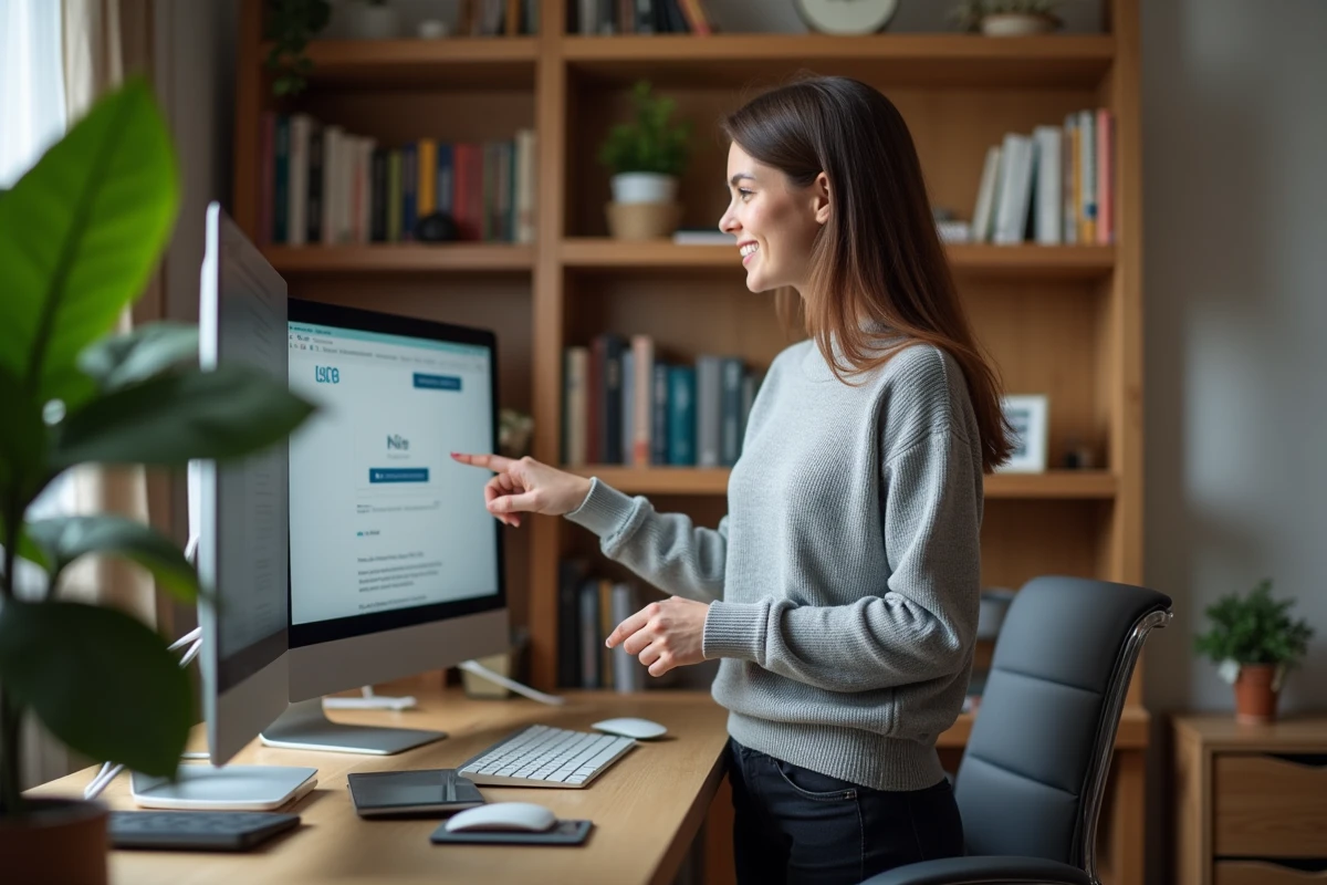 Femme souriante pointant la barre de progression du téléchargement
