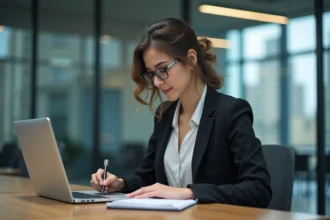 Femme concentrée en bureau moderne avec ordinateur et notes
