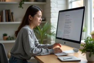 Jeune femme concentrée travaillant sur son ordinateur dans un bureau moderne