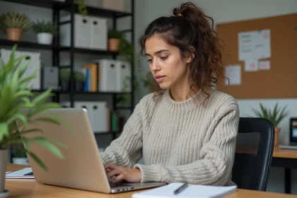 Jeune femme analysant des données sur un ordinateur portable