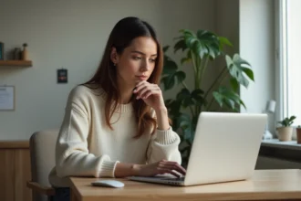 Femme assise à la maison travaillant sur son ordinateur portable