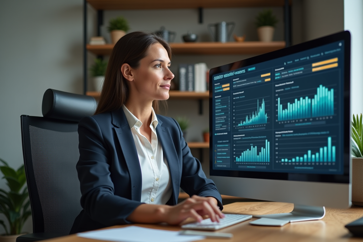 Femme concentrée analysant des données sur son ordinateur à domicile