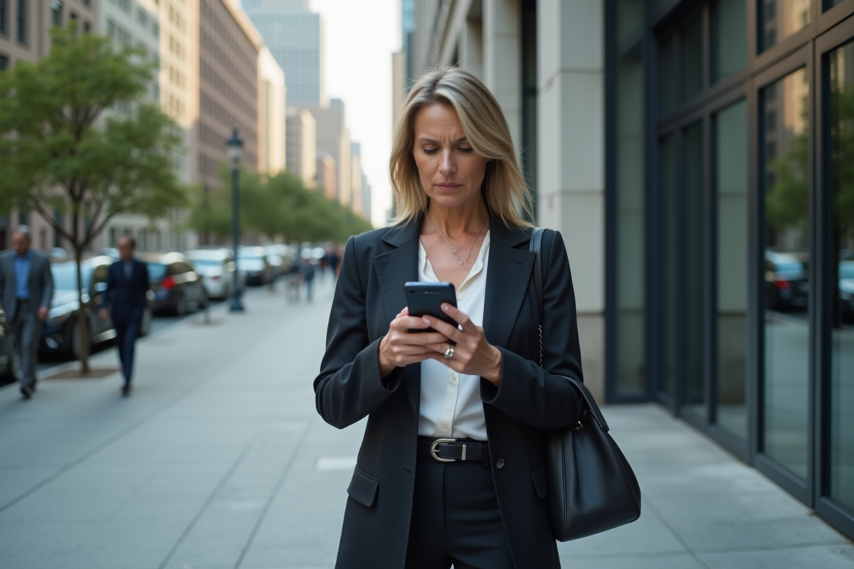 Femme d affaires regardant son smartphone avec message d erreur