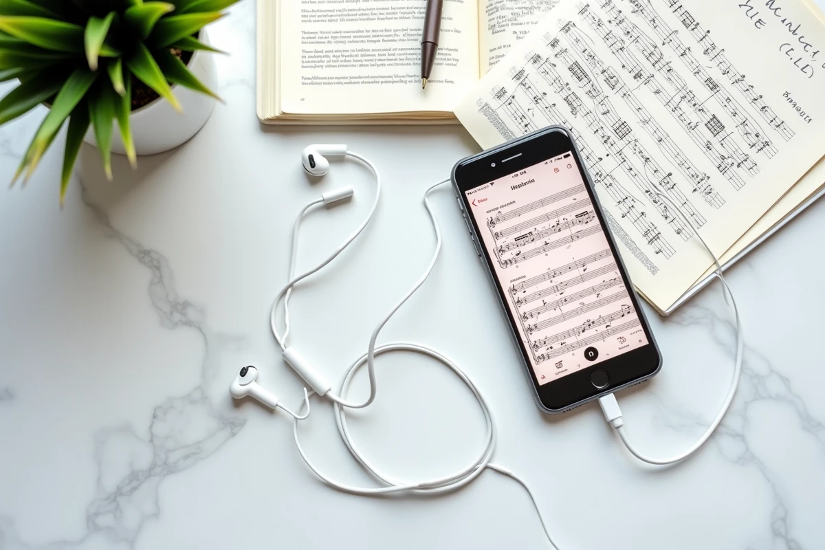 Vue de dessus d'un iPhone entouré de partitions musicales et d'écouteurs, symbolisant les droits d'auteur sur les sonneries musicales