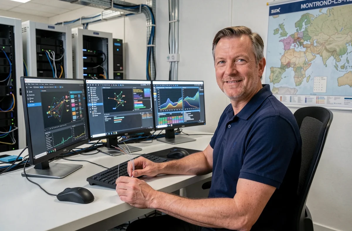 Professionnel informatique de Forez.net à Montrond-les-Bains gérant un réseau avec des câbles fibre optique