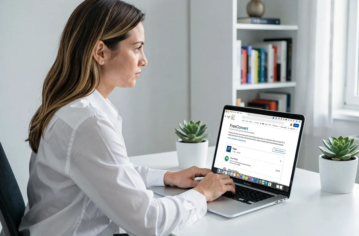 Femme utilisant FreeConvert pour convertir un fichier Pages en Word dans le respect de la confidentialité