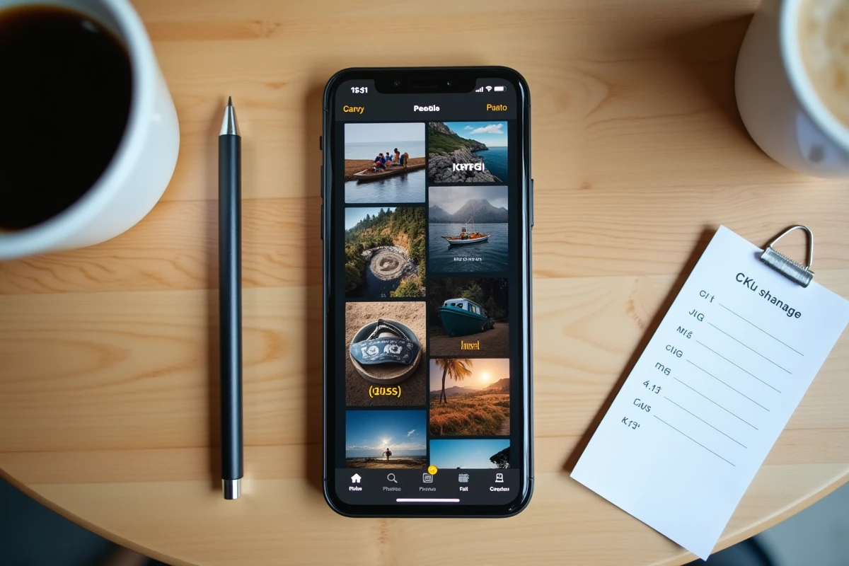 Smartphone affichant des miniatures de fichiers JFIF et JPEG dans une galerie photo sur une table en bois