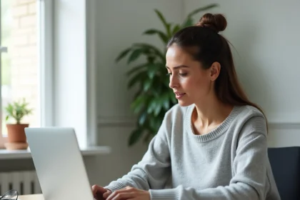 Femme gérant plusieurs adresses email sur un ordinateur portable dans un bureau à domicile