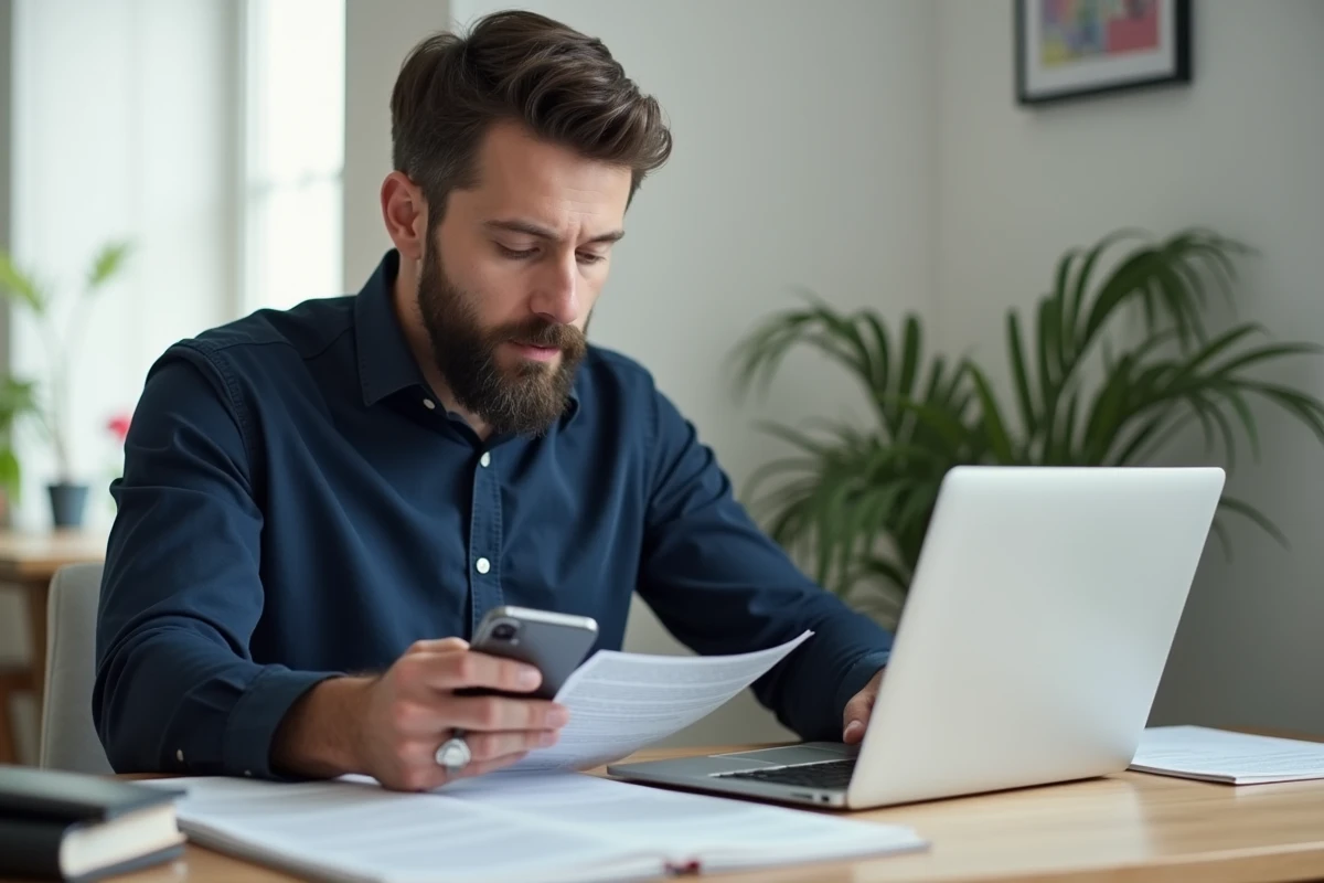 Homme utilisant Google Lens pour copier du texte depuis un document imprimé à son bureau