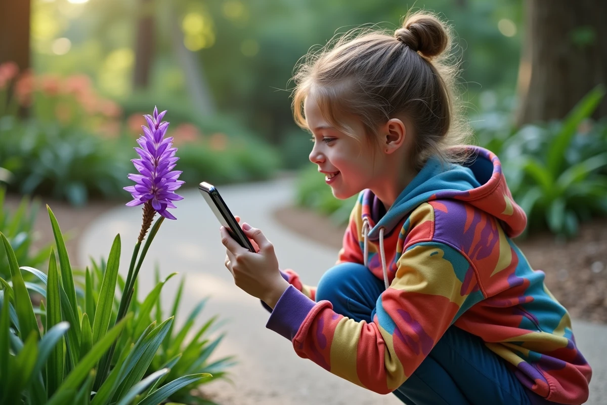 Adolescente utilisant Google Lens en extérieur pour identifier une fleur dans un jardin botanique