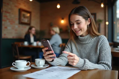 Jeune femme utilisant Google Lens sur smartphone pour traduire un menu de restaurant en français