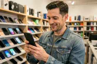 Homme inspectant un Google Pixel 6 d'occasion dans une boutique de téléphones reconditionnés