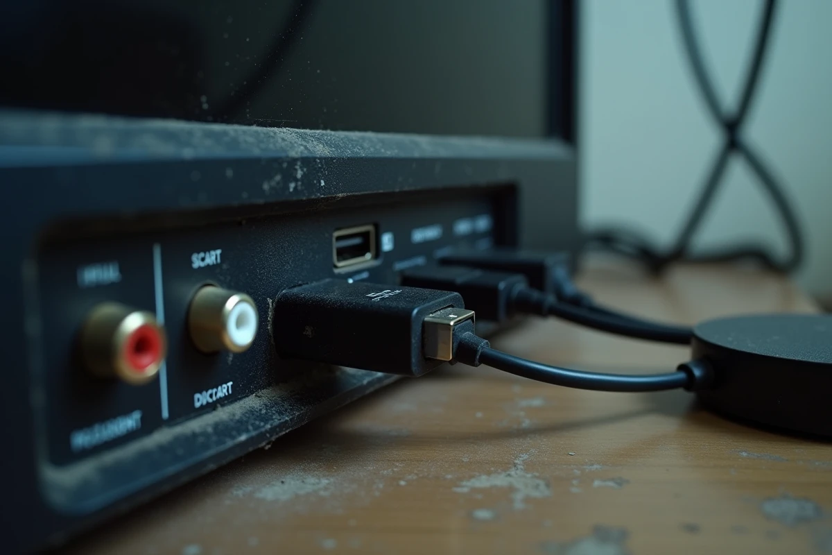 Gros plan sur le port HDMI d'une vieille télévision avec un Chromecast branché et ses câbles d'alimentation