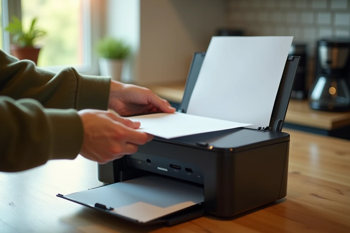 Gros plan sur des mains plaçant un document sur la vitre d'un scanner d'imprimante multifonction pour une numérisation PDF haute qualité