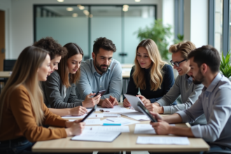Groupe de sept adultes divers en réunion de travail