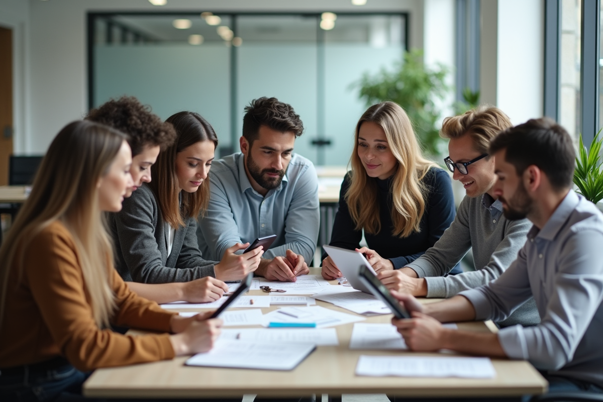 Groupe de sept adultes divers en réunion de travail