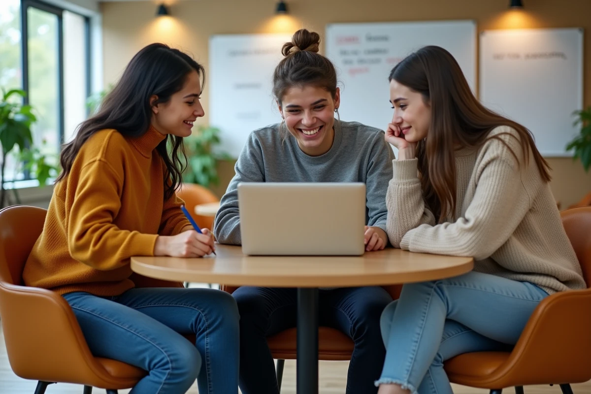 Groupe d'étudiants ESIGELEC consultant ensemble le portail eservice sur un ordinateur portable dans une salle de travail collaboratif