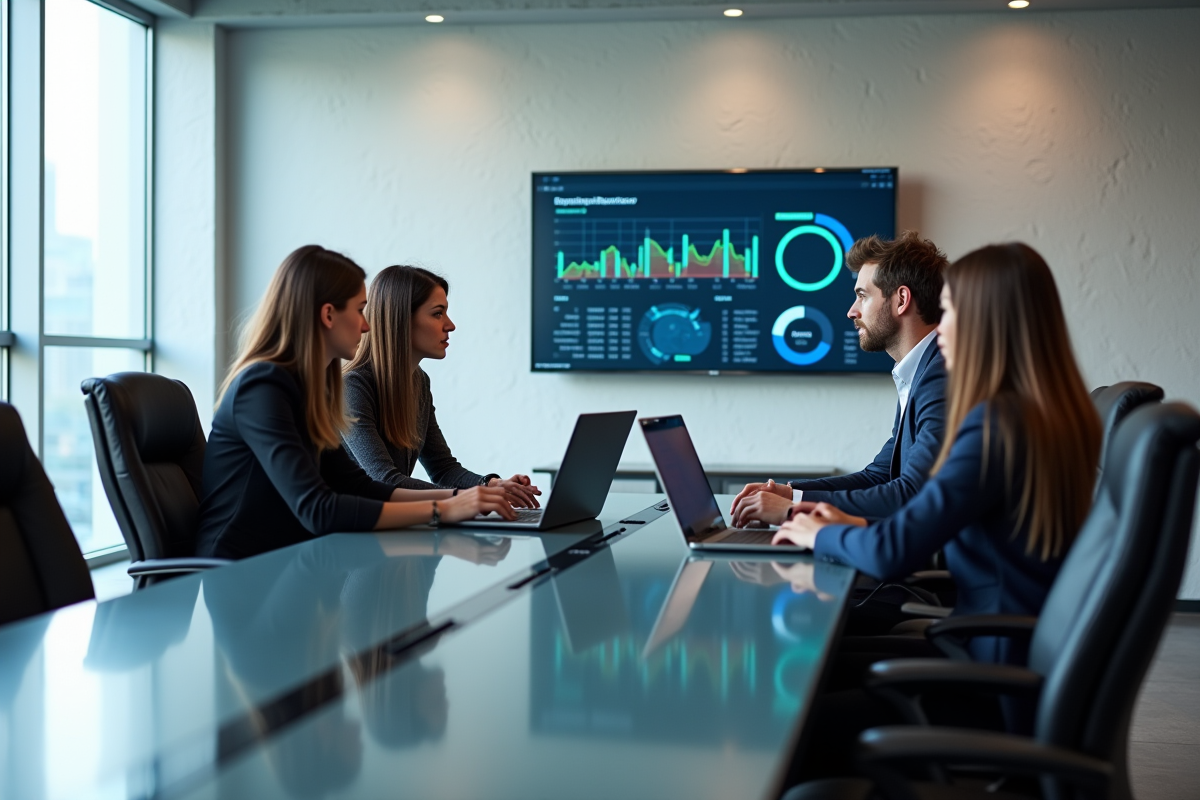 Groupe de professionnels discutant d'analyses en réunion