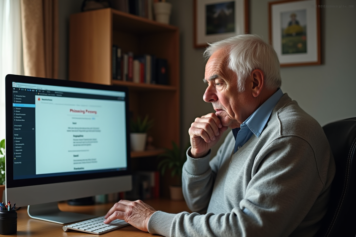 Homme âgé lisant un avertissement de phishing sur son ordinateur